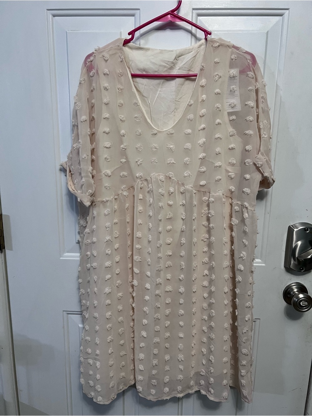 KIRUNDO Women’s L Ivory Textured Swiss Dot Pom Pom Dress V Neck Long Sleeve NWT